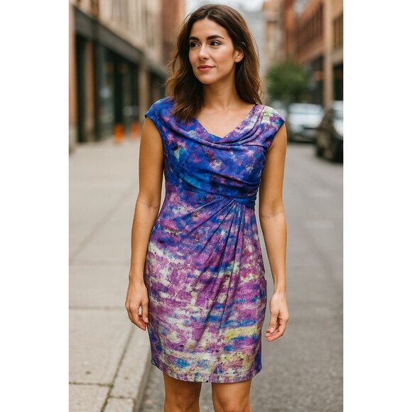 Suzi Chin Sm Y2k Dress Drape Neck Knee Length Sheath Tie-dye Bodycon Dead Stock - Picture 11 of 14